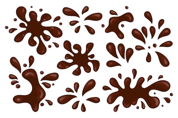 Set van vloeibare chocolade splashes giet en chocolade melk vlekken Ontwerp elementen vector