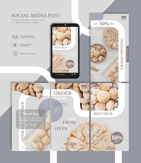 Set van voedsel sociale media promotie en Instagram verhaal post ontwerpsjabloon