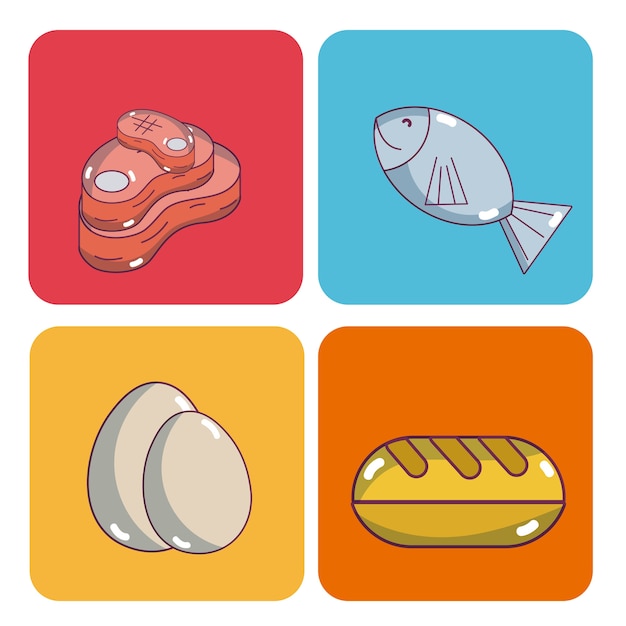 Set van voedselverzameling op kleurrijke vierkanten pictogrammen