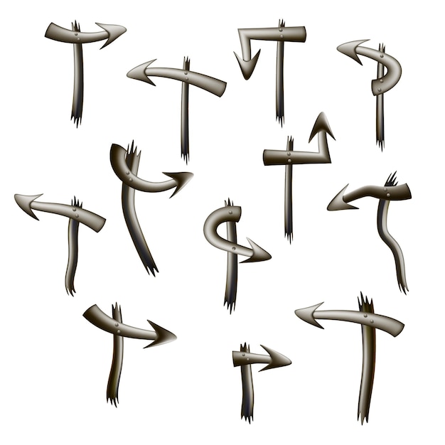 Set van volumetrische metalen pijlen aanwijzers op pijler geïsoleerd op wit. Post met richtingaanwijzer. Vector illustratie.