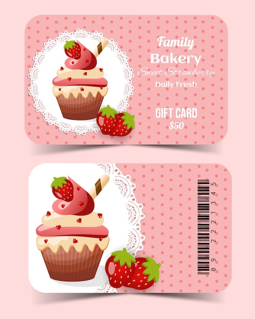 Set van voucher zoete bakkerij cupcake aardbei kaart in vectorillustratie