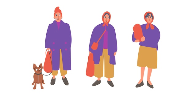 Set van vrouw of man wandelen met hond vector illustratie in vlakke stijl