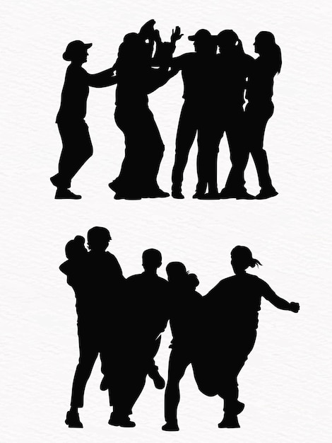 Set van vrouwelijke cricketspelers vieren na overwinning silhouetten vectorillustratie