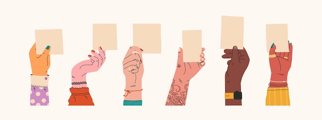 Set van vrouwelijke handen met blanco kaarten Elegante handen tonen flyer met ruimte voor uw tekst Sjabloon met blanco vel papier Trendy platte vectorillustratie