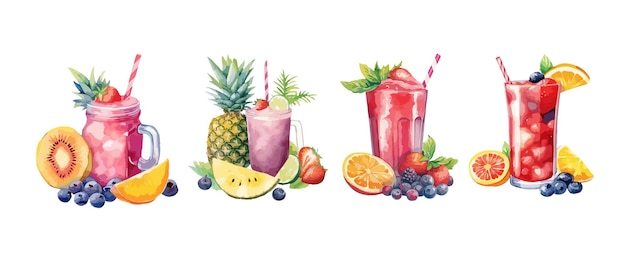 Vector set van vruchtensap aquarel geïsoleerd op witte achtergrond gezond drinken collectie vectorillustratie