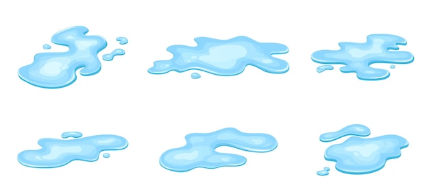 Set van water plas vloeistof cartoon stijl Drop geïsoleerd op witte achtergrond Blue split splash Vector