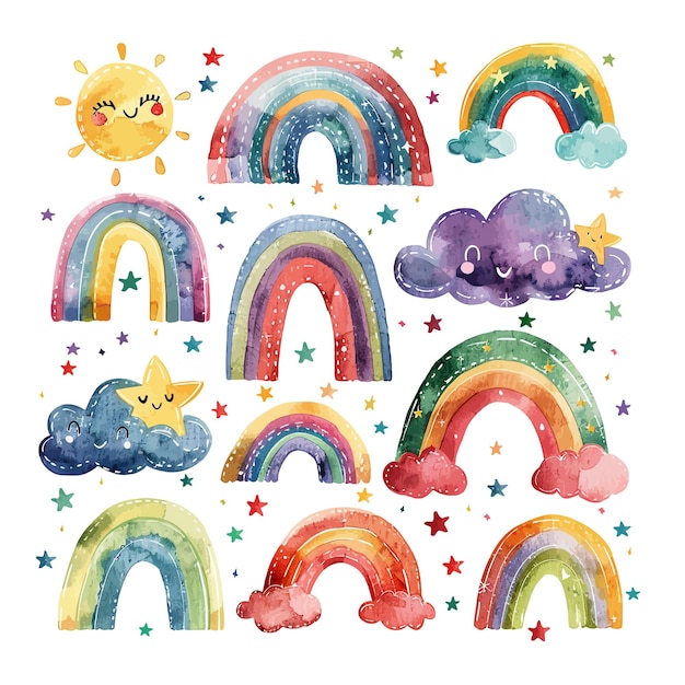 Set van waterverf regenboog wolken Fantasie pastelkleur Vector kwekerij elementen