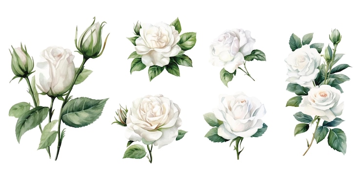 Vector set van waterverf witte rozen in verschillende ontwerpen op een witte achtergrond