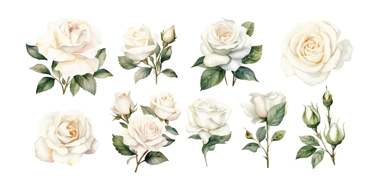 Vector set van waterverf witte rozen in verschillende ontwerpen op een witte achtergrond