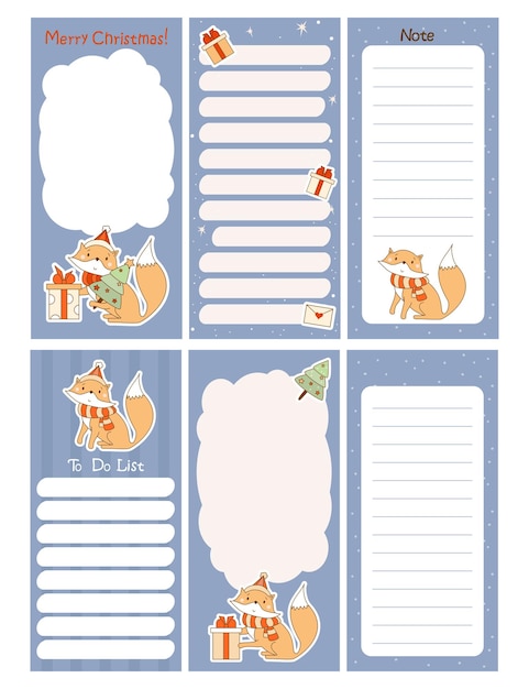 Set van wekelijkse of dagelijkse planner notitiepapier om lijst te doen Merry Christmas stickers sjablonen door schattige vos