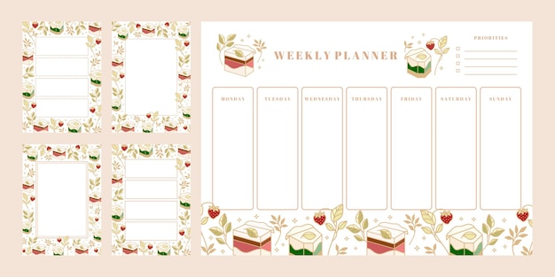 Set van wekelijkse planner, dagelijkse takenlijst, kladblok-sjablonen, schoolplanner met handgetekende cake-, bloemen- en aardbeienelementen