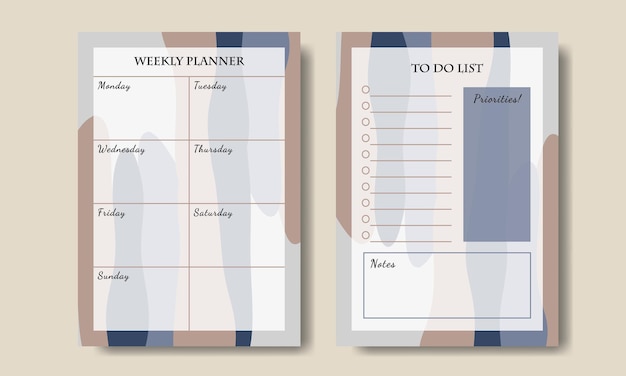 Set van wekelijkse planner takenlijst met blauwe taupe abstracte achtergrond afdrukbare