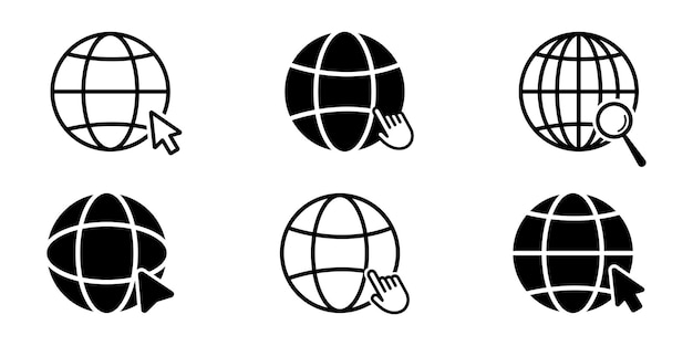 Set van wereldbol met cursor vector iconen. Webbol met aanwijzer, vinger, muis en vergrootglas.