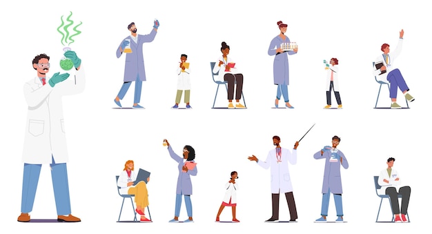 Set van wetenschappers, kinderen en volwassenen, karakters in laboratoriumjassen die zich bezighouden met collaboratief onderzoek met ultramoderne apparatuurinnovatie op wetenschappelijk gebied Cartoon mensen vectorillustratie