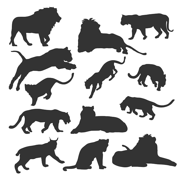 set, van, wildcats, rennende, pose, silhouettes, rennen, sprong, aanval, achtervolgen, achtervolgen, hoog detail, glad, vector, illustratie, eps