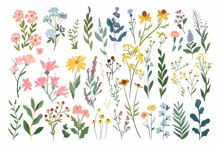 Vector set van wilde bloemen en kruiden patroon voor stof bloemenveld vector illustratie abstract