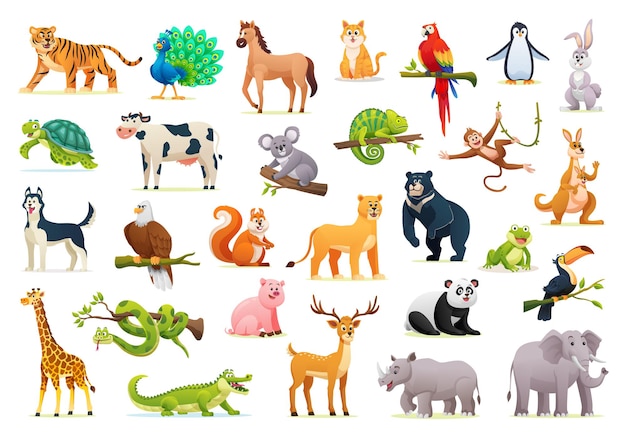 Set van wilde dieren cartoon illustraties