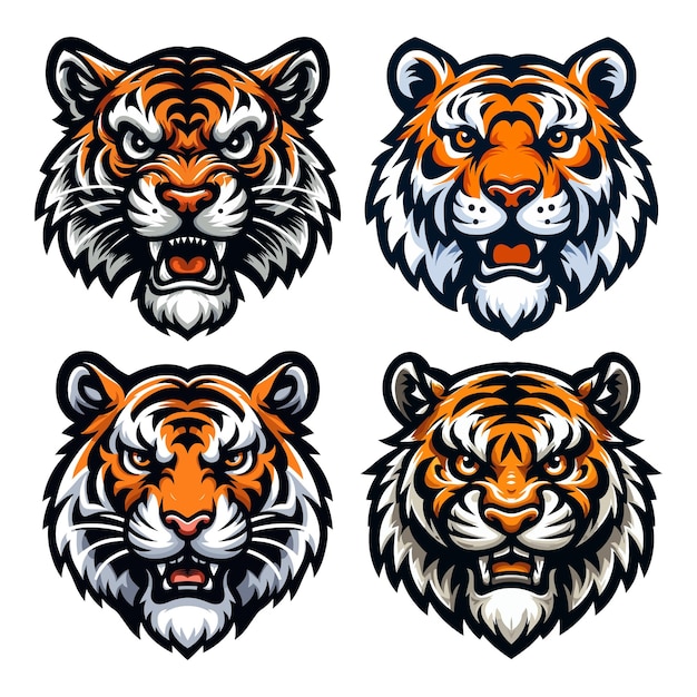 set van wilde dieren tijger hoofd gezicht mascotte ontwerp vector illustratie logo sjabloon