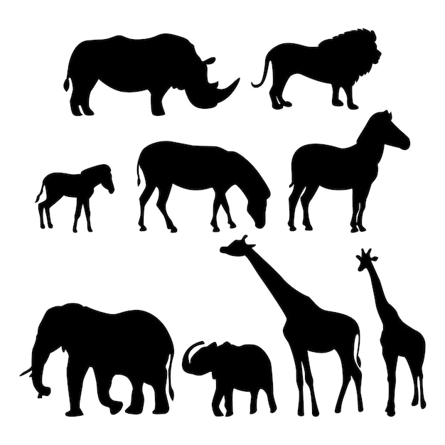 Vector set van wilde dieren van afrika silhouetten van savanne dieren silhouet van een leeuw giraffe