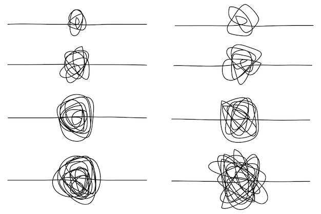 Set van willekeurige chaotische lijnen handtekening krankzinnig verwikkelde krabbel clew vector icoon geïsoleerd op witte achtergrond