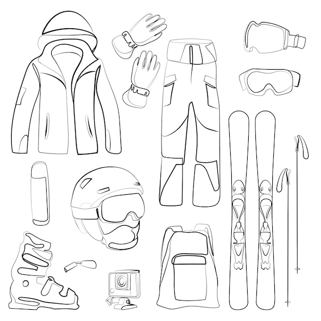 Set van wintersport.Ski uitrusting collectie vector illustratie.Skiën accessoires lijntekening