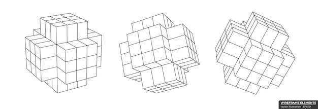 Vector set van wireframe kubus van verschillende zijden collectie van lowpoly 3d veelhoekige vormen