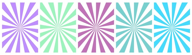 Set van witte achtergronden met kleur zonnestralen abstracte zomerzon glans platte vectorillustratie