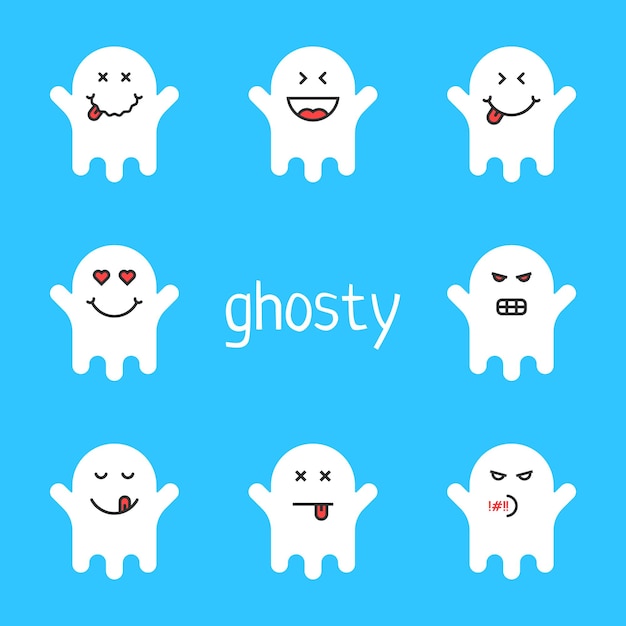 Set van witte emoji-spook op blauwe achtergrond concept van griezelig monster of wraith in kostuum en eenvoudig pakket van sociale netwerkberichten vlakke stijl trend ongebruikelijk logo of grafisch avatar ontwerp