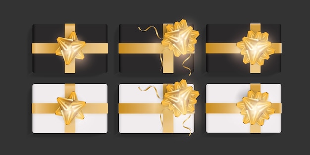 Set van witte en zwarte geschenkdozen met gouden lintbogen. Mooie realistische geschenkdoossjabloon voor verjaardag, kerstmis, nieuwjaarsontwerp. Bovenaanzicht vectorillustratie