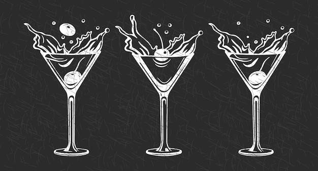 Set van witte grungetekeningen van verfrissende cocktails met ijsblokjes, rietjes en paraplu's op een donkere achtergrond