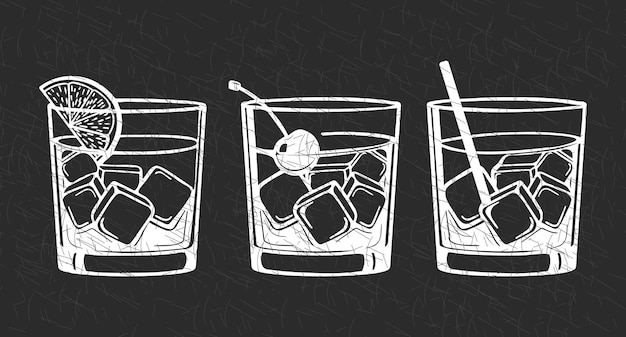 Vector set van witte grungetekeningen van verfrissende cocktails met ijsblokjes, rietjes en paraplu's op een donkere achtergrond