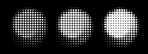 Set van witte halftone stippen gebogen gradiënt patroon texturen geïsoleerd op witte achtergrond gebogen stippen stippen met behulp van halftone cirkel dot raster textuur collectie Vector blot halftone collectie
