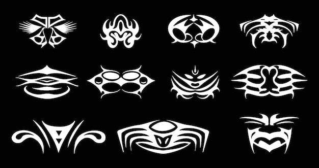 Set van witte illustratie van zwarte gotische tribale symbool tattoo ontwerpen concept zwarte achtergrond