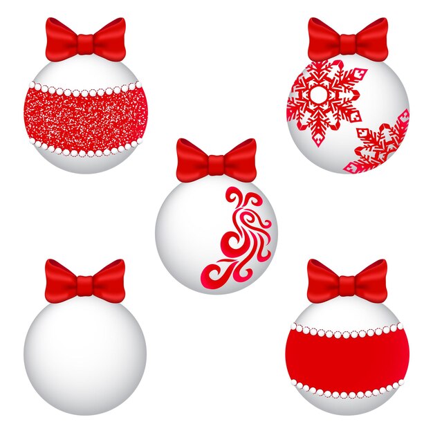 Set van witte kerstballen met rode linten.