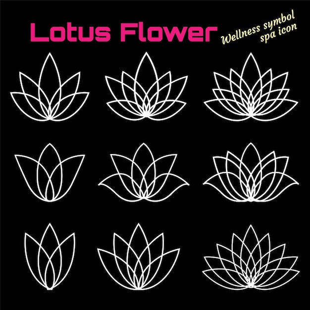 Set van witte lineaire lotus pictogram op zwarte achtergrond Dlossom bloem logoscollection Vector bloemen geïsoleerd symbool voor yoga centrum spa schoonheidssalon