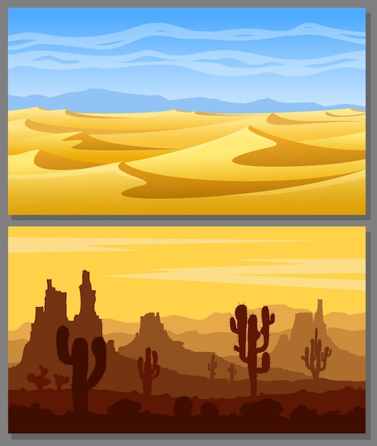 Vector set van woestijnlandschappen met gele zandduinen, cactussen, vetplanten, bergen en blauwe lucht. vector illustratie.