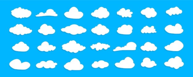 Set van wolken Cloud icon Verschillende vorm witte wolken op blauwe achtergrond Set van verschillende hemel Bewolkte vorm collectie Vector illustratie