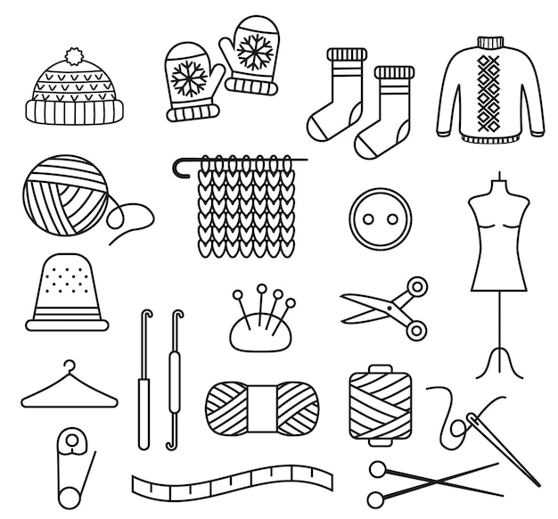 Vector set van wollen gebreide kleding en breigereedschap geïsoleerd op een witte achtergrond. garenknopen, haak en schaar, trui, sok en wanten