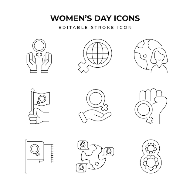 Set van Womens Day Icon Packs Eenvoudige lijnkunst en bewerkbare stroke kleur en grootte icoon packs