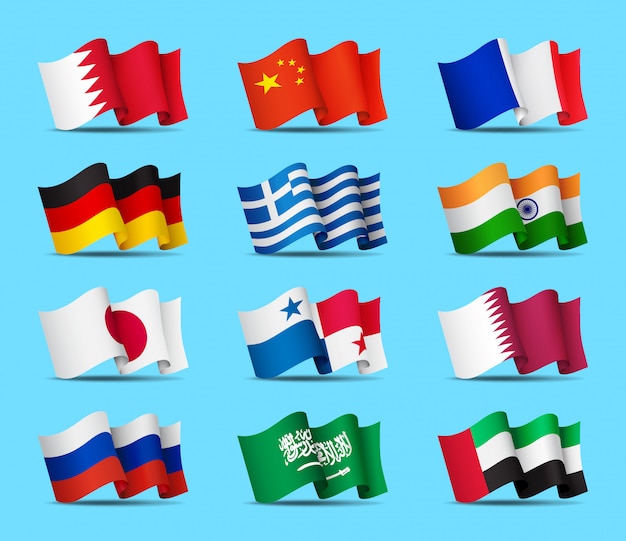 Set van wuivende vlaggen pictogrammen, officiële symbolen van countrys, illustratie.