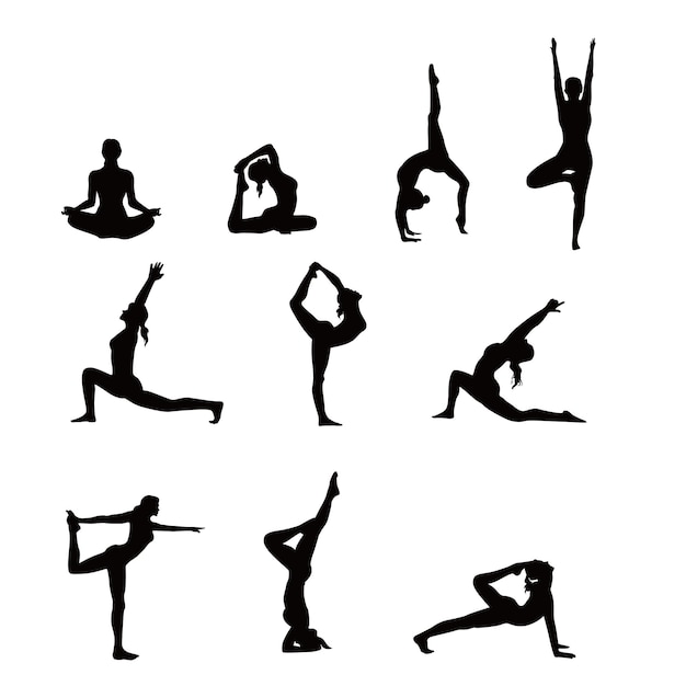 set van yoga pose silhouet ontwerp lichaam positionering teken en symbool