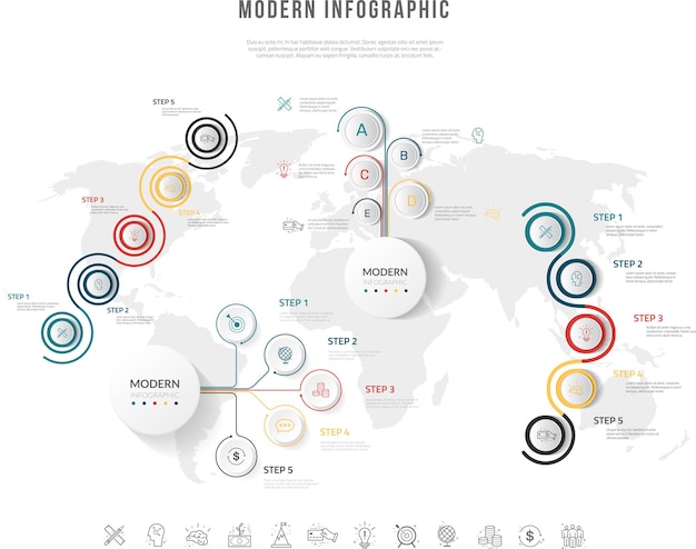 Set van zakelijke infographics sjablonen met pictogrammen Infographic papier gesneden sjabloon met wereldkaart