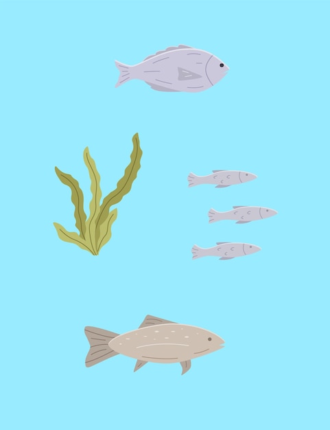 Set van zee- of riviervissen en algen Vector illustratie dorado karper een school van vissen blauwe achtergrond