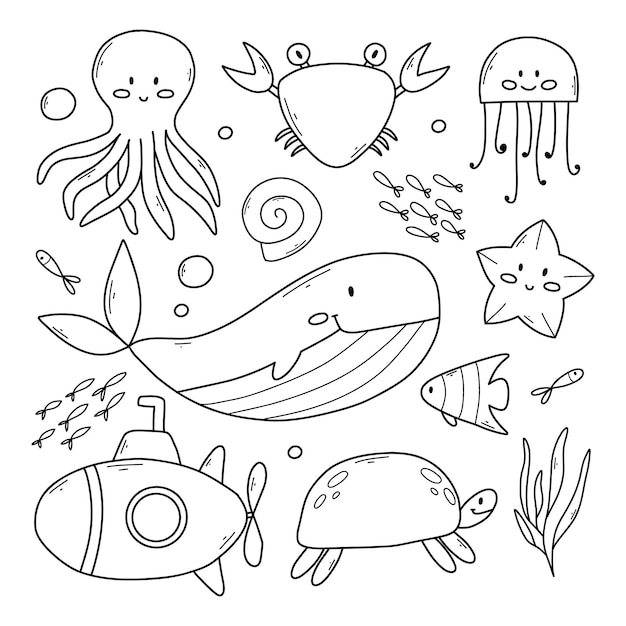 Vector set van zeedieren in doodle stijl vector illustratie verzameling van mariene inwoners lineaire krab octopus kwallen walvis vissen