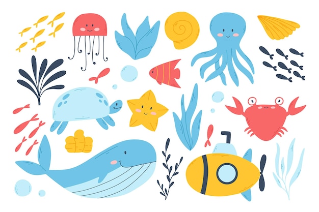 Set van zeedieren in platte stijl Vector illustratie Collectie van mariene bewoners met de hand getekend krab octopus kwallen walvis vis