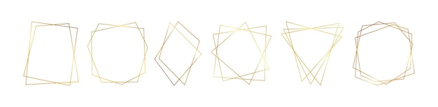 Set van zes gouden geometrische veelhoekige frames met glanzende effecten geïsoleerd op een witte achtergrond