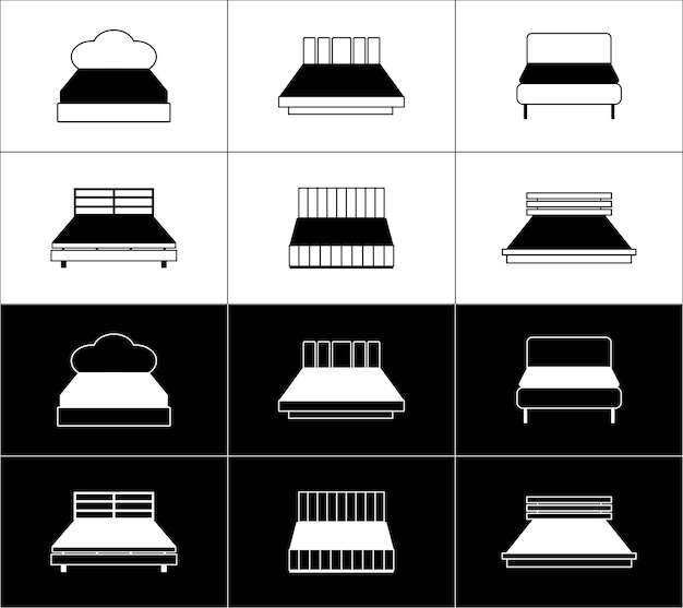 Set van zes meubelpictogrammen Bedden Wit op een zwarte achtergrond en zwart op een witte achtergrond