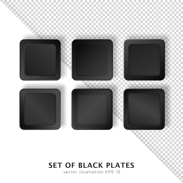 Set van zes verschillende realistische borden. 3D-mock-up van moderne zwarte vierkante schalen, servies, gebruiksvoorwerpen.