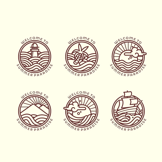 Set van zes verschillende zee- en golven-gerelateerde overzichtsillustraties voor zomerlogo