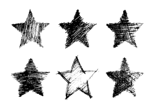 Set van zes zwarte handgetekende sterren. ruwe stervorm in doodle stijl op witte achtergrond. vector illustratie